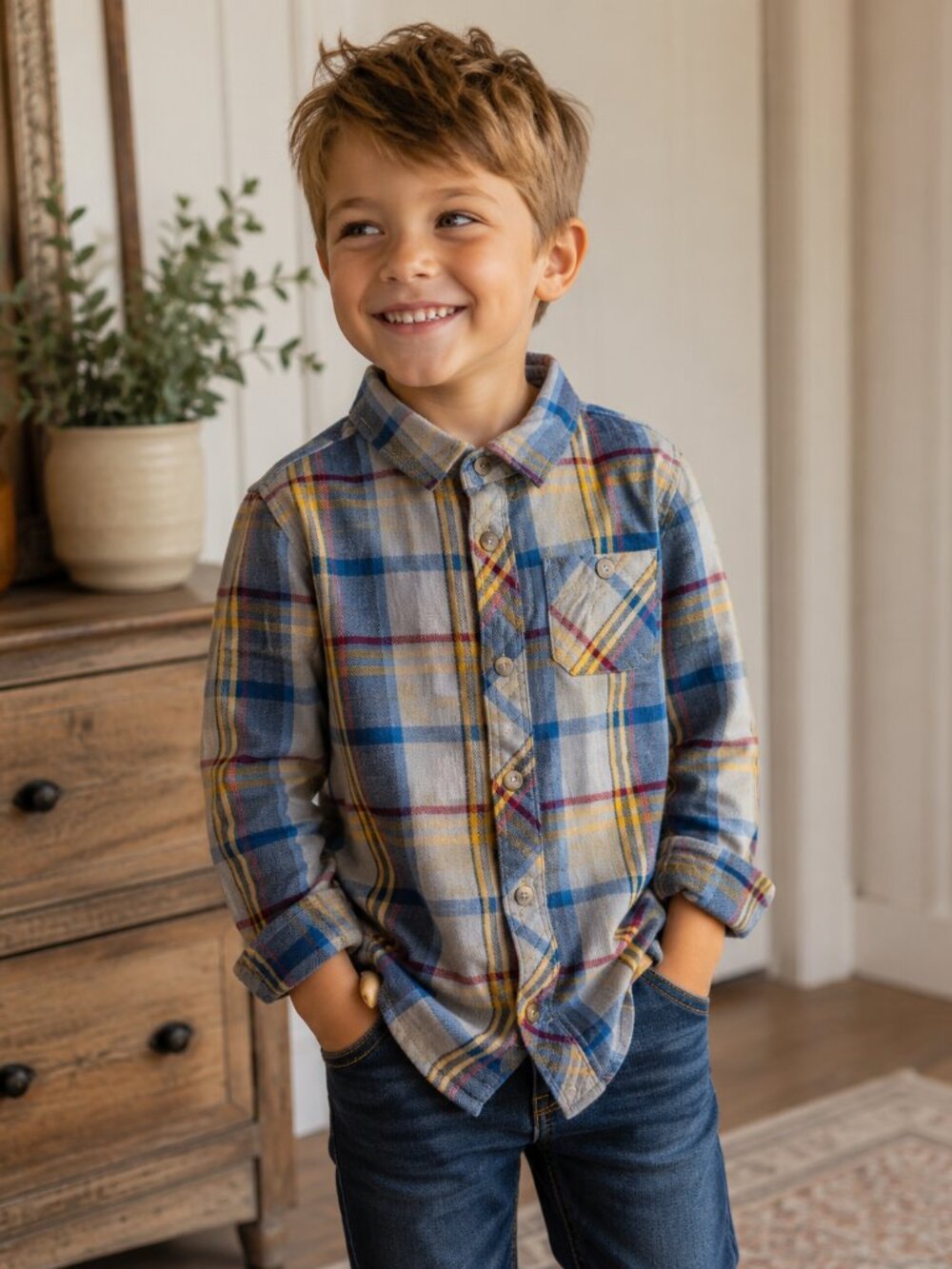 Old Navy Boys Blue Plaid Button Up Shirt 5T Long Sleeve Cotton Flannel Holiday